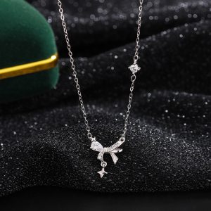 Sterling silver bow necklace for women, fresh and elegant zircon fairy-style choker, fashionable starburst collarbone chain.