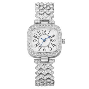 Fashionable square diamond-encrusted blue hand numeral women's watch/bracelet